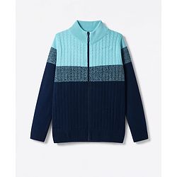 Pine Kids Knit Full Sleeves Front Open Sweater with Color Block Design - Navy Blue