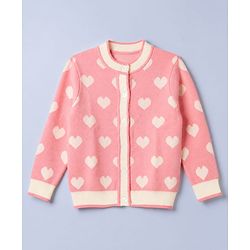 Pine Kids Knit Front Open Sweater with Full Sleeves and Heart Design - Pink