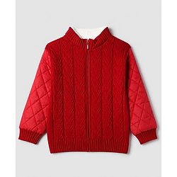 Pine Kids Knit Full Sleeves Quilted Front Open Sweater with Cable Knit Design in Red for 4-5 Years