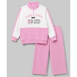 Pine Kids Cotton Looper Knit Full Sleeves Sweatshirt and Pant with Cut & Sew Detail and New York Print - Pink