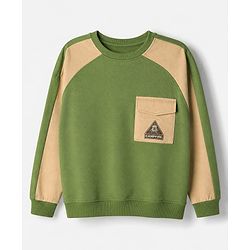 Pine Kids Looper Knit Full Sleeves Winter Wear Suit With Front Pocket & Campfire Text Print - Green