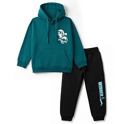 Pine Kids Looper Knit Full Sleeves Hooded Winter Wear Suit With Text Print - Dark Green