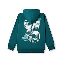 Pine Kids Looper Knit Full Sleeves Hooded Winter Wear Suit With Text Print - Dark Green