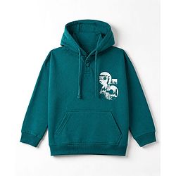 Pine Kids Looper Knit Full Sleeves Hooded Winter Wear Suit With Text Print - Dark Green