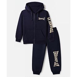 Pine Kids Looper Knit Full Sleeves Hooded Winter Wear Suit With Text Print - Navy Blue