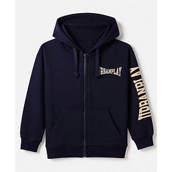 Pine Kids Looper Knit Full Sleeves Hooded Winter Wear Suit With Text Print - Navy Blue