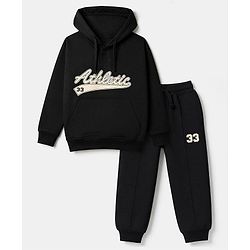 Pine Kids Cotton Looper Knit Full Sleeves Hooded Sweatshirt and Jogger with Athletic Patch - Black
