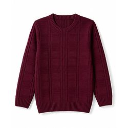 Pine Kids Knit Full Sleeves Solid Colour Pullover with Checkered Cable Knit Design - Wine