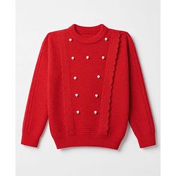 Pine Kids Pullover with Full Sleeves and Beads Applique in Red