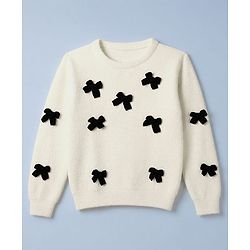 Pine Kids Knit Pullover with Full Sleeves and Bows Applique in Offwhite for 4-5 Years