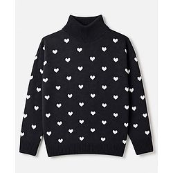 Pine Kids Knit Full Sleeves  Pullover with Heart Design - Black