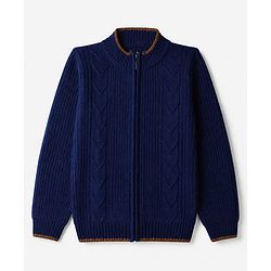 Pine Kids Knit Full Sleeves Front Open Sweater with Cable Knit Design - Blue