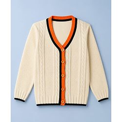 Pine Kids Knit Full Sleeves Front Open Sweaters With Cable Knit Design - Off White
