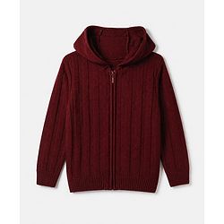 Pine Kids Knit Front Open Full Sleeves Hooded Sweater - Wine