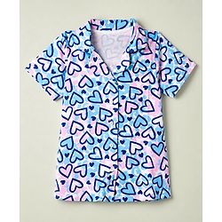 Pine Kids Cotton Knit Half Sleeves Co-Ords Shirt & Pyjama Night Suit with Heart Print - Turquoise
