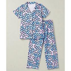 Pine Kids Cotton Knit Half Sleeves Co-Ords Shirt & Pyjama Night Suit with Heart Print - Turquoise