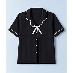 Pine Kids Cotton Knit Half Sleeves Co-Ords Shirt & Pyjama Solid Night Suit with Bow Applique - Black