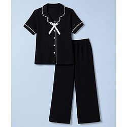 Pine Kids Cotton Knit Half Sleeves Co-Ords Shirt & Pyjama Solid Night Suit with Bow Applique - Black