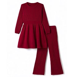 Pine Kids Knit Full Sleeves Solid Sweater Set - Red