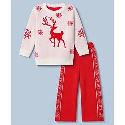 Pine Kids Knit Sweater Set with Full Sleeves and Reindeer Design in Red
