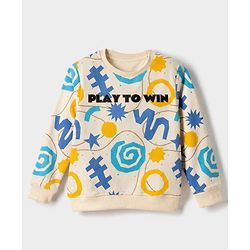 Pine Kids Cotton Mix Knit Sweatshirt with Full Sleeves and PLAY TO WIN Print in Offwhite