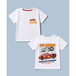 Pine Kids Disney 100% Cotton Single Jersey Knit T-Shirt with Half Sleeves and Car Print - White