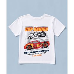 Pine Kids Disney 100% Cotton Single Jersey Knit T-Shirt with Half Sleeves and Car Print - White