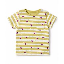 Pine Kids Cotton Knit Full Sleeves Striped T-Shirt & Pyjama Night Suit with Heart Print - Yellow & Violet