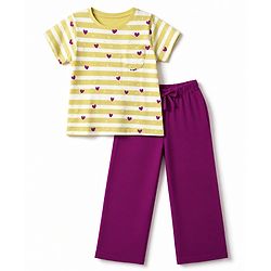 Pine Kids Cotton Knit Full Sleeves Striped T-Shirt & Pyjama Night Suit with Heart Print - Yellow & Violet