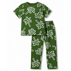 Pine Kids Cotton Knit Half Sleeves Co-Ords T-Shirt & Pyjama Night Suit with Palm Tree Print - Green
