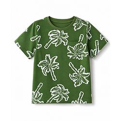 Pine Kids Cotton Knit Half Sleeves Co-Ords T-Shirt & Pyjama Night Suit with Palm Tree Print - Green