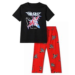 Pine Kids Cotton Knit Half Sleeves T-Shirt & Pyjama Night Suit with Aircraft Print - Black