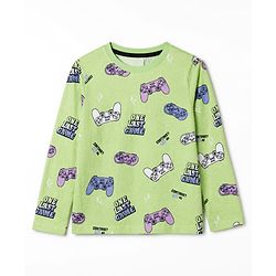 Pine Kids Cotton Knit Full Sleeves Co-Ords T-Shirt & Pyjama Night Suit with Gaming Print - Light Green