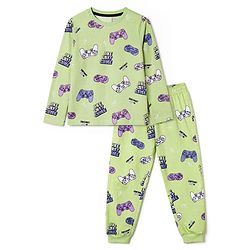 Pine Kids Cotton Knit Full Sleeves Co-Ords T-Shirt & Pyjama Night Suit with Gaming Print - Light Green