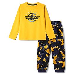 Pine Kids Cotton Knit Full Sleeves T-Shirt & Pyjama Night Suit with Army Fighter Print - Yellow
