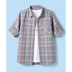 Pine Kids Cotton Woven Full Sleeves Checked Shirt With Text Printed Tank T-Shirt - Grey