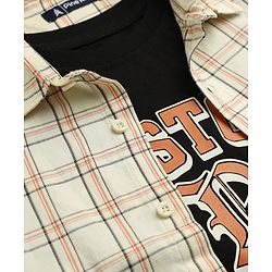 Pine Kids Cotton Woven Checks Shirt and T-Shirt with Full Sleeves and Boston Print - Cream