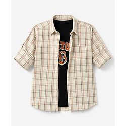 Pine Kids Cotton Woven Checks Shirt and T-Shirt with Full Sleeves and Boston Print - Cream