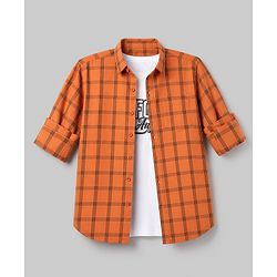 Pine Kids Cotton Woven Checks Twofer Shirt with Text Print - Rust Orange