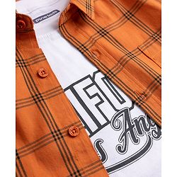 Pine Kids Cotton Woven Checks Twofer Shirt with Text Print - Rust Orange