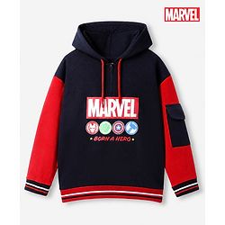 Pine Kids Marvel 100% Cotton Knit Hooded Sweatshirt with Full Sleeves and Marvel Print in Navy Blue