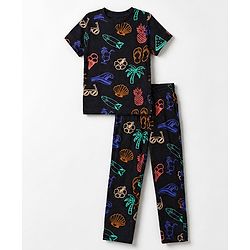 Pine Kids Cotton Knit Half Sleeves Co-Ords T-Shirt & Pyjama Night Suit with Floral Tropical & Beach Theme Print - Black