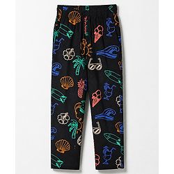 Pine Kids Cotton Knit Half Sleeves Co-Ords T-Shirt & Pyjama Night Suit with Floral Tropical & Beach Theme Print - Black