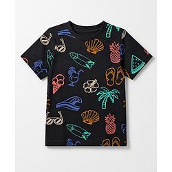Pine Kids Cotton Knit Half Sleeves Co-Ords T-Shirt & Pyjama Night Suit with Floral Tropical & Beach Theme Print - Black