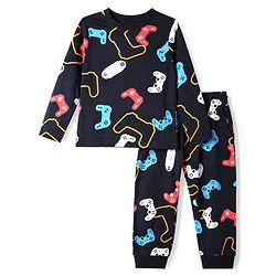 Pine Kids 100% Cotton Single Jersey Knit Full Sleeves Co-Ords T-Shirt & Pyjama Night Suit with Bio Wash & Gaming Print - Black