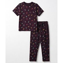 Pine Kids Cotton Knit Half Sleeves Printed Co-Ords T-Shirt & Pyjama Night Suit - Dark Red