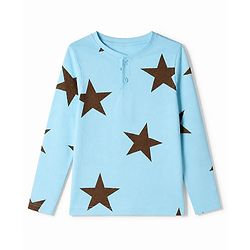 Pine Kids Cotton Knit Full Sleeves Co-Ords T-Shirt & Pyjama Night Suit with Star Print - Sky Blue