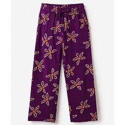 Pine Kids 100% Cotton Knit Full Sleeves Shirt & Pyjama Co-Ords Set With Floral Print - Purple