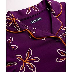 Pine Kids 100% Cotton Knit Full Sleeves Shirt & Pyjama Co-Ords Set With Floral Print - Purple
