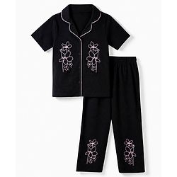 Pine Kids 100% Cotton Bio Washed Single Jersery 180 Gsm Knit Co-ord Shirt & Pajama Night Suit with Floral Print - Black